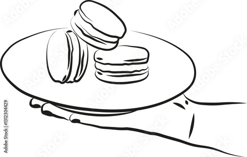 Une illustration d'une main tenant une assiette avec trois macarons pâtisserie française