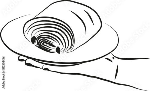 Une illustration d'une main tenant une assiette avec un pain au chocolat, pâtisserie française