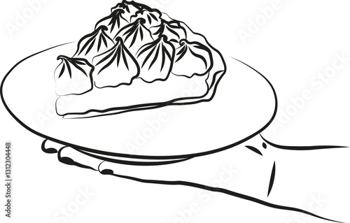 Une illustration d'une main tenant une assiette avec une tarte au citron meringuée pâtisserie française