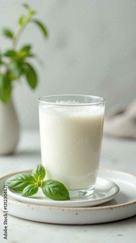 Glass of milk with a sprig of mint on saucer. Glass of milk with a sprig of mint on saucer.