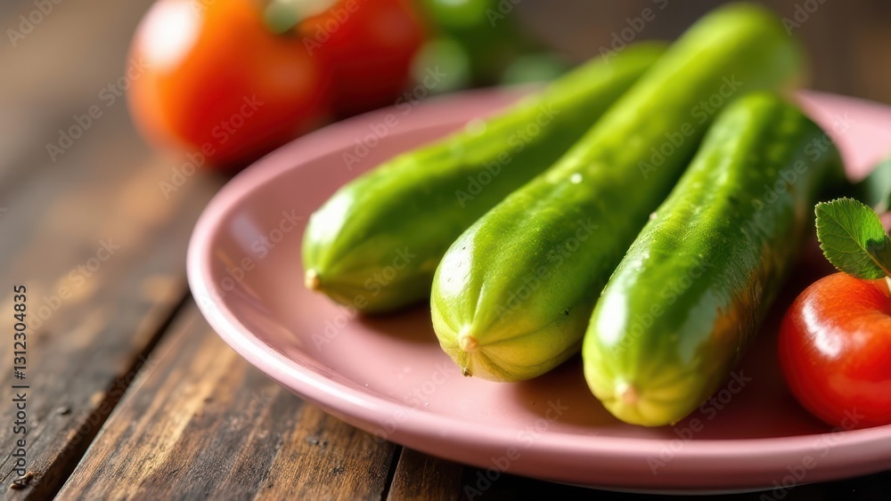 delicious, crunchy pickles seasoned with herbs, served on a pink plate, ready to enjoy delicious, crunchy pickles seasoned with herbs, served on a pink plate, ready to enjoy