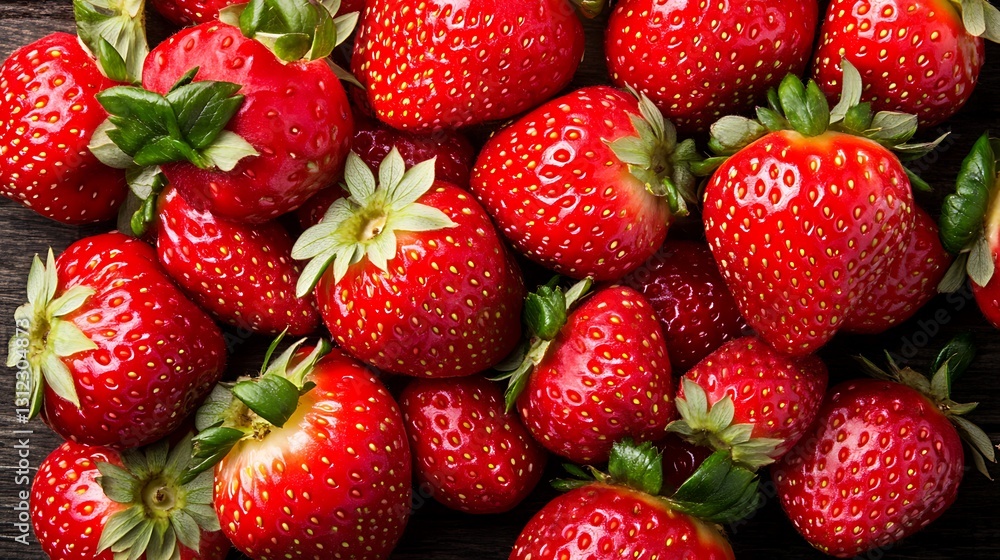 Many red strawberries piled on dark wood, background blurry, for a summer dessert or menu item Many red strawberries piled on dark wood, background blurry, for a summer dessert or menu item