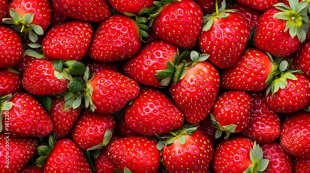 Many ripe strawberries are stacked together, filling the image. Great for website backgrounds or food advertisements Many ripe strawberries are stacked together, filling the image. Great for website backgrounds or food advertisements