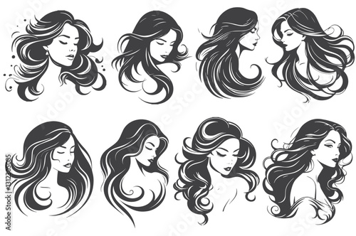 A detailed collection of women’s hairstyle illustrations, suitable for beauty salons, hair product branding, and fashion design projects