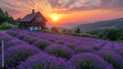 Sunrise over lavender field with rustic house
