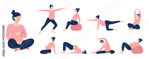 Set of pregnant women characters doing exercises. Physical activity and healthy lifestyle. Fitness for pregnant women. Healthy pregnancy and sports. Vector