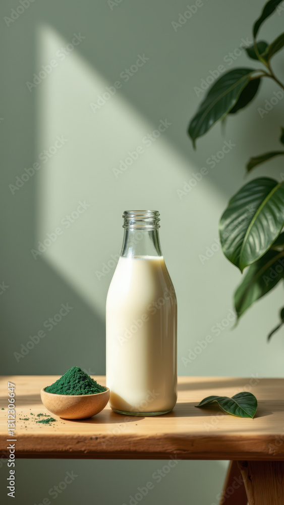 Glass bottle with milk on a wooden surface. Glass bottle with milk on a wooden surface.