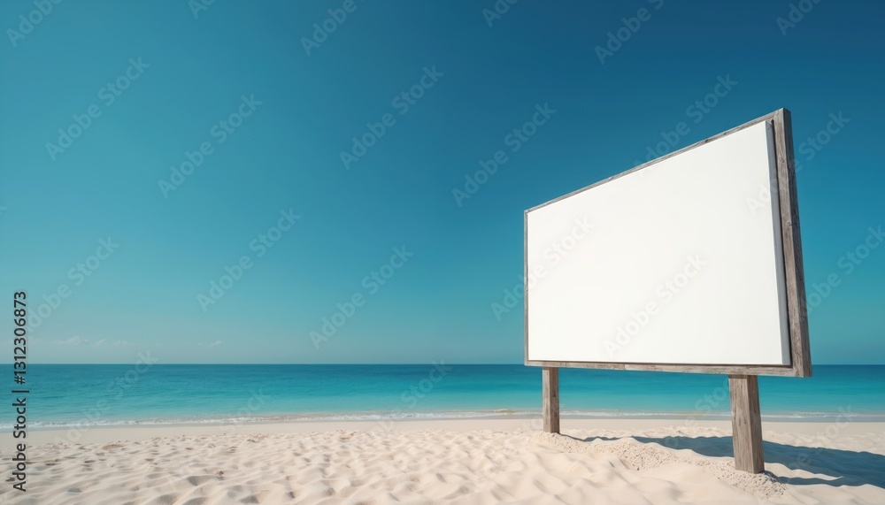Sandy beach meets tranquil ocean under clear blue sky. Blank billboard offers promotional space. Summer vacation scene template for coastal advertisements, marketing campaigns. Coastal design space Sandy beach meets tranquil ocean under clear blue sky. Blank billboard offers promotional space. Summer vacation scene template for coastal advertisements, marketing campaigns. Coastal design space