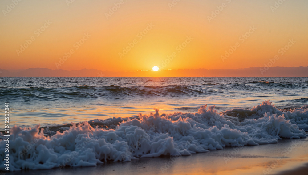 Gentle waves crashing at sunset on peaceful beach, serene escape Gentle waves crashing at sunset on peaceful beach, serene escape