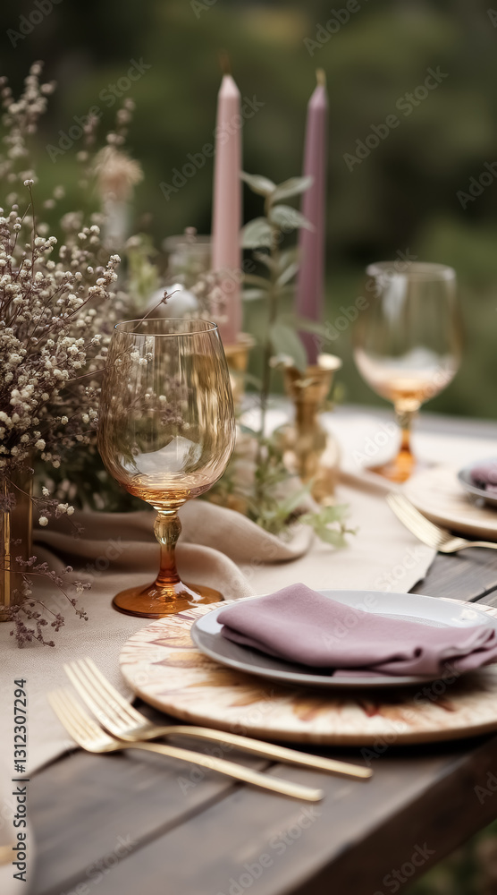 elegant outdoor table setting with amber glassware and mauve napkins elegant outdoor table setting with amber glassware and mauve napkins