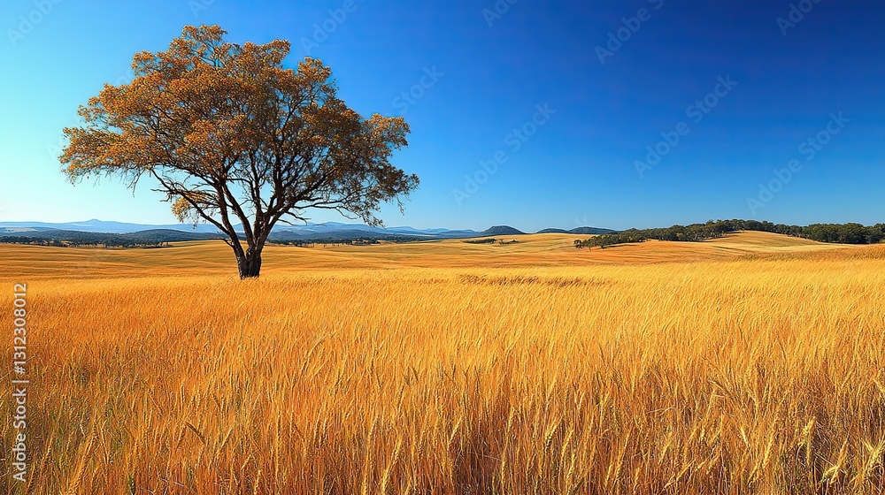 Fototapeta premium a golden wheat field swaying gently in the breeze under a clear blue sky