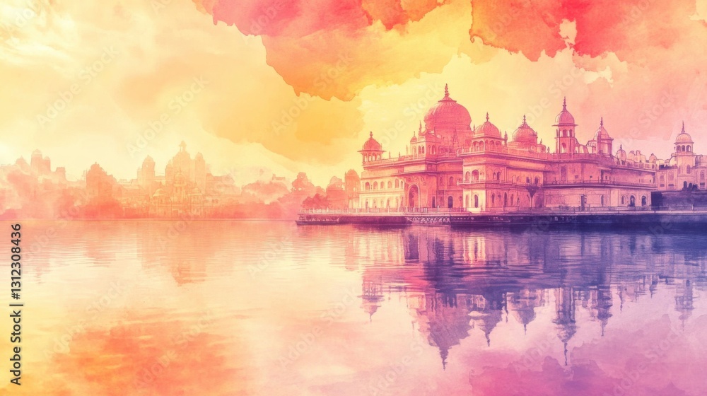Fototapeta premium Watercolor illustration of Indian temples with lake reflection