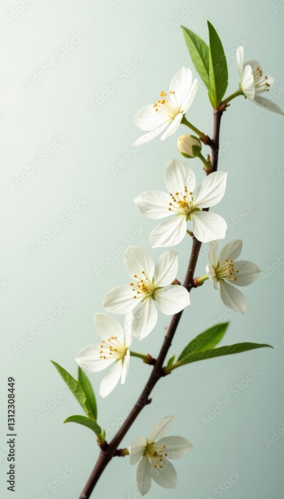 Fototapeta premium Delicate white blossoms, ethereal leaves on pure white backdrop, leaves, delicate, light