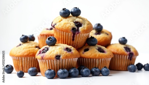 Stack of tasty blueberry muffins. Sweet dessert snack. Fresh homemade pastry treat, delicious breakfast baked. Fruit cupcakes with blueberries on top isolated on transparent background. Perfect