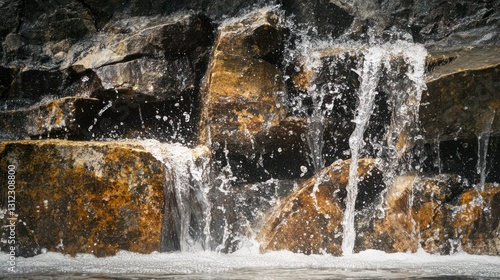 A small waterfall cascades over layered textured rock formations