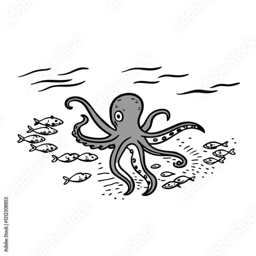  "A vibrant purple octopus underwater with its tentacles spread out, surrounded by small fish, vector illustration."
