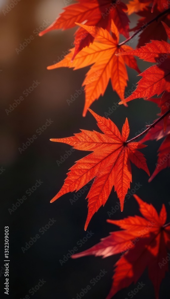 Fiery maple leaves sway gently, stark against deep shadows , season, autumn, yellow Fiery maple leaves sway gently, stark against deep shadows , season, autumn, yellow