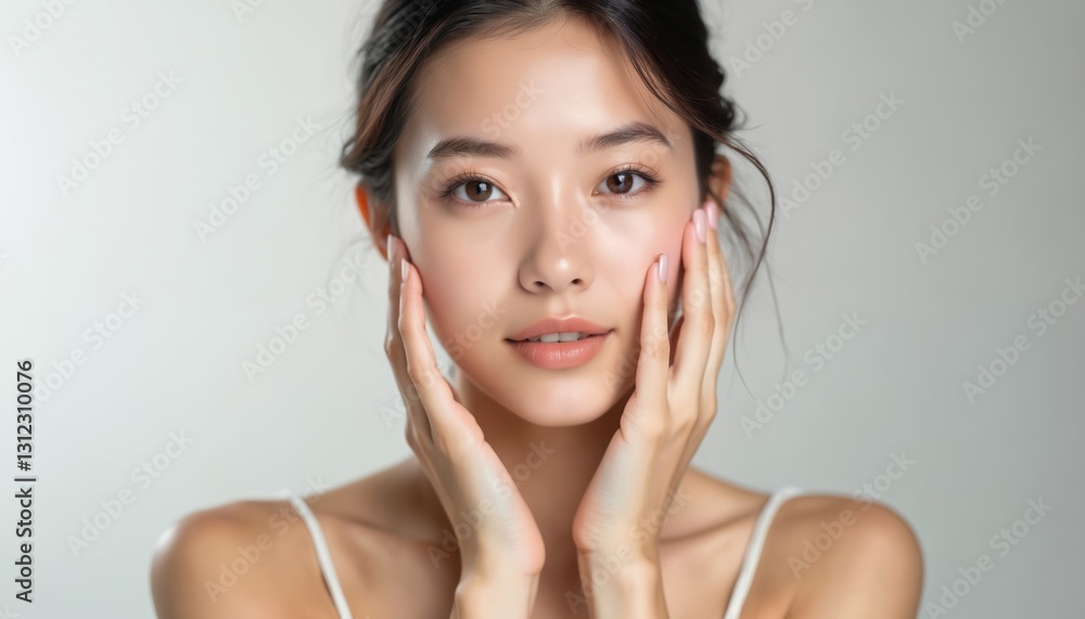 Young asian woman gently touches face, smiles. Clean, soft skin, spa treatment, beauty concept. Isolated on white background. Perfect for skincare or cosmetology product demo. Natural look. Young asian woman gently touches face, smiles. Clean, soft skin, spa treatment, beauty concept. Isolated on white background. Perfect for skincare or cosmetology product demo. Natural look.
