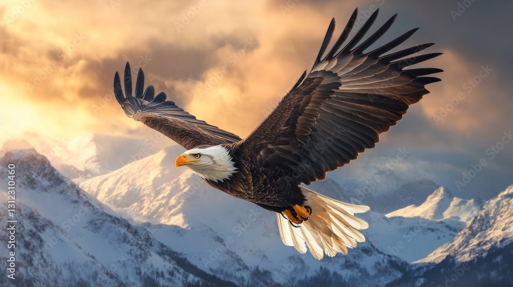 Bald eagle soaring high above the mountains, wings spread wide, dramatic sky in the background generative ai Bald eagle soaring high above the mountains, wings spread wide, dramatic sky in the background generative ai