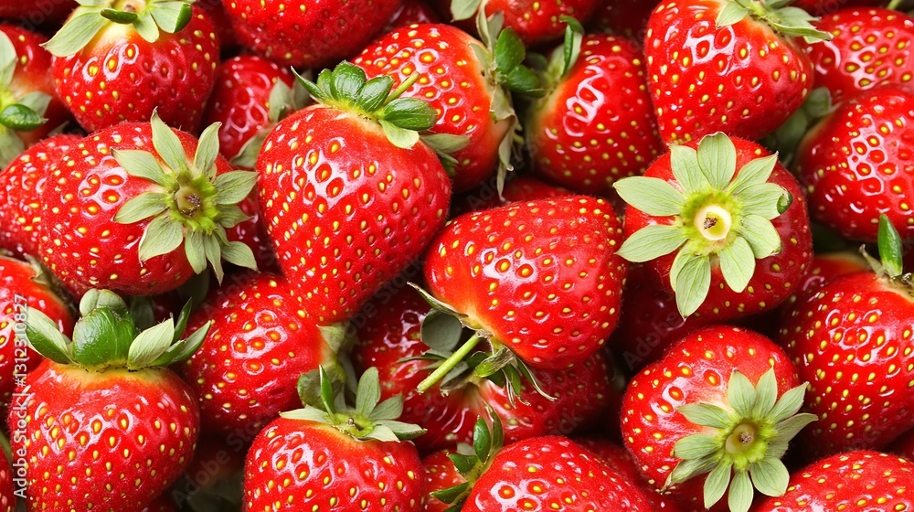 Pile of red strawberries are stacked together; leaves visible, for use in an advert for healthy eating Pile of red strawberries are stacked together; leaves visible, for use in an advert for healthy eating