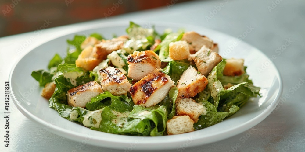 Realistic 3D Mockup of a Delicious Caesar Salad with Grilled Chicken and Croutons, on a White Plate with a Soft Background