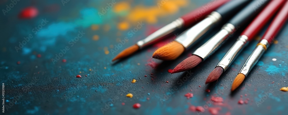 Set of artist paint brushes on colorful painted canvas. Oil painting supplies with colorful blobs, spots. Design studio abstract art background texture. Creative hobby workplace for painter. Art Set of artist paint brushes on colorful painted canvas. Oil painting supplies with colorful blobs, spots. Design studio abstract art background texture. Creative hobby workplace for painter. Art