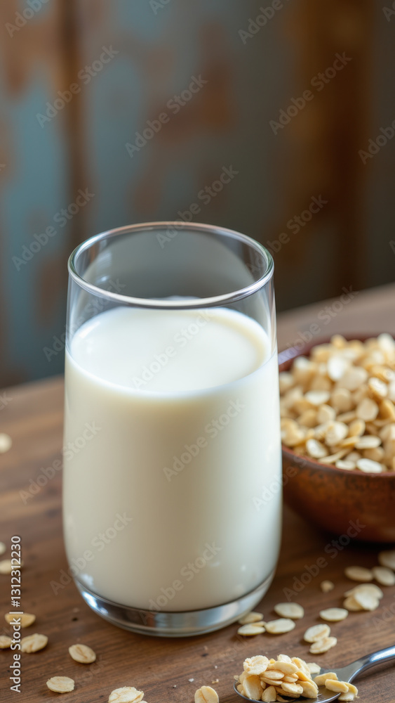Glass of fresh milk on a wooden table with oat flakes scattered around. Glass of fresh milk on a wooden table with oat flakes scattered around.