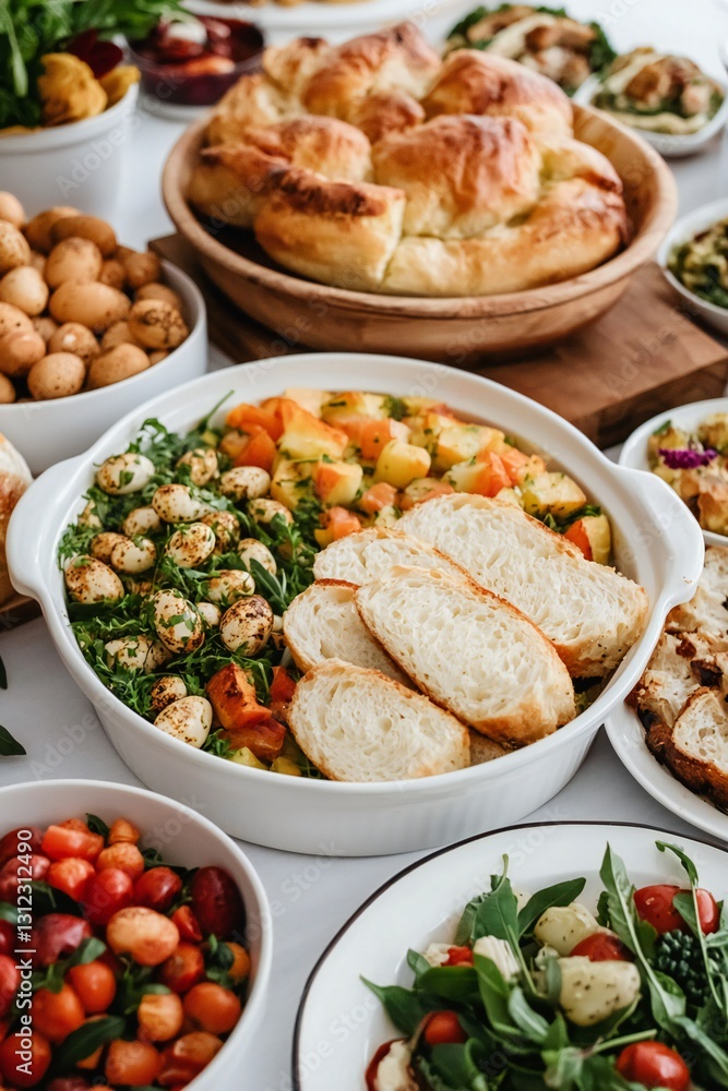 Easter Holiday, Easter Concept, Delicious Buffet Food Roasted Vegetables Quail Eggs Bread Salads Easter Holiday, Easter Concept, Delicious Buffet Food Roasted Vegetables Quail Eggs Bread Salads