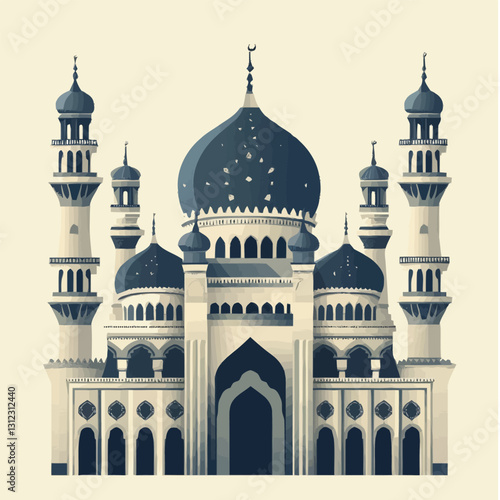 A flat 2D vector of a beautifully designed mosque with domes and minarets.