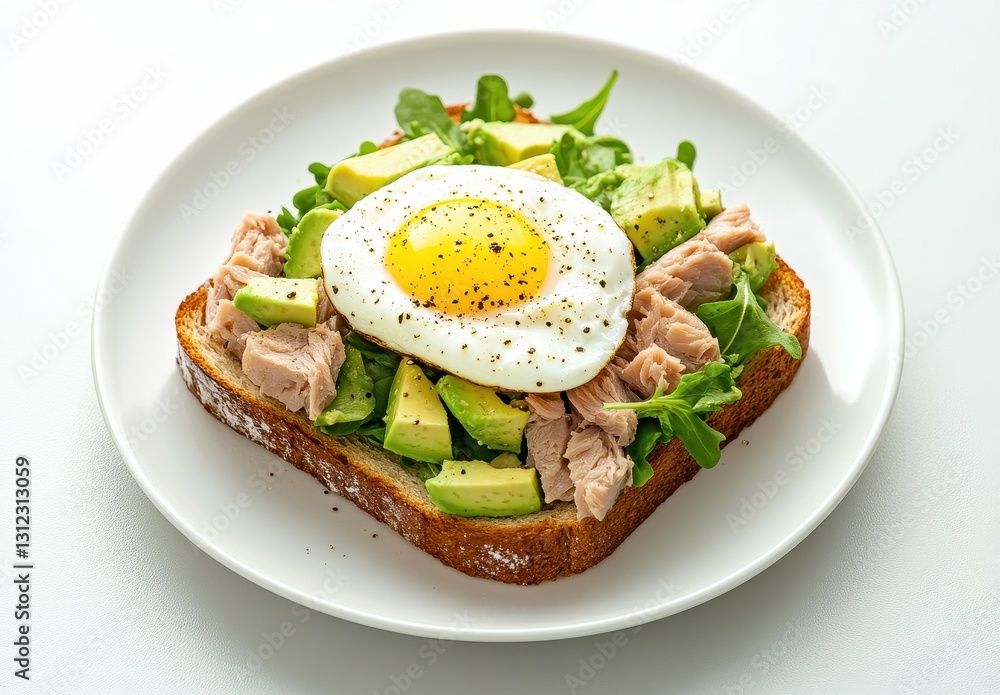 Healthy Avocado Toast with Tuna, Fresh Greens, and Poached Egg Served on a White Plate for a Nutritious Breakfast or Lunch Option Healthy Avocado Toast with Tuna, Fresh Greens, and Poached Egg Served on a White Plate for a Nutritious Breakfast or Lunch Option