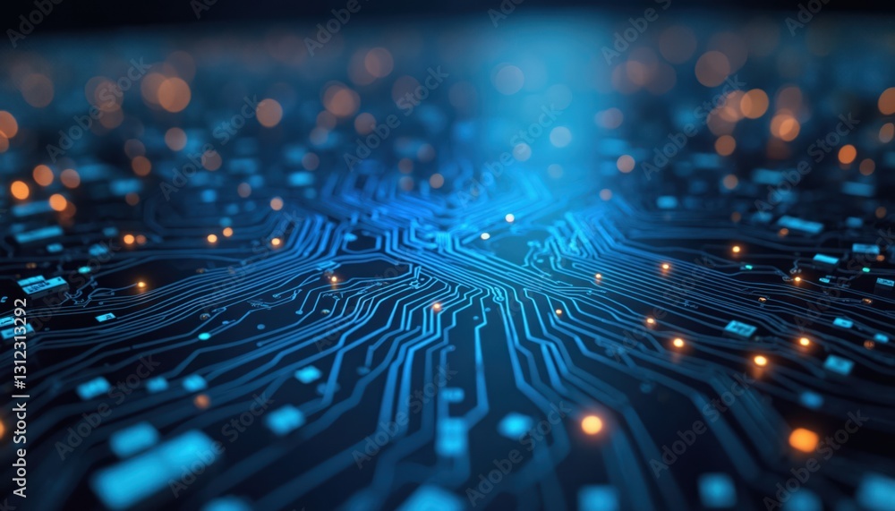Fototapeta premium Blue lights illuminate detailed circuit board pattern. Tech computing background. Electronic glowing design with microchips, hardware. Abstract innovation, engineering complexity. Modern futuristic
