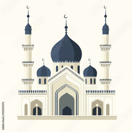 A flat 2D vector of a beautifully designed mosque with domes and minarets.