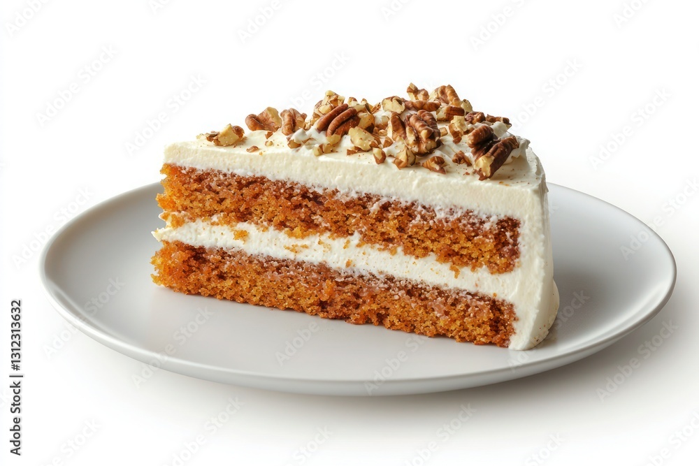 A slice of moist carrot cake layered with spiced cream cheese frosting and chopped walnuts A slice of moist carrot cake layered with spiced cream cheese frosting and chopped walnuts