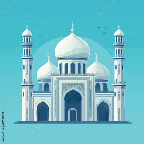 A flat 2D vector of a beautifully designed mosque with domes and minarets.