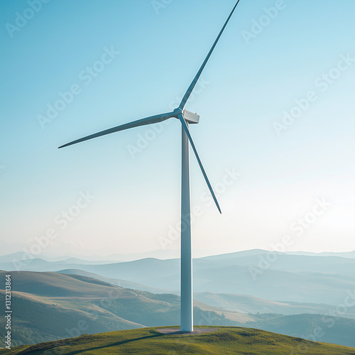Close-up of a modern wind turbine against a clear blue sky, with rolling hills in the background, symbolizing renewable energy 