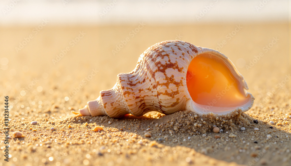 Intricate seashell resting on wet beach sand at sunset, natural beauty