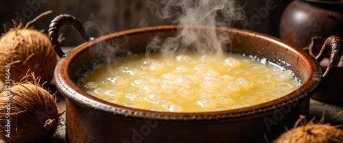 Bubbling coconut oil in copper pot, traditional processing