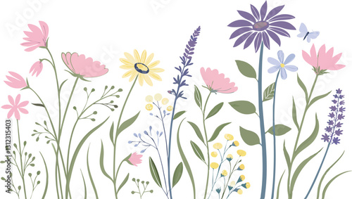 Wallpaper Mural Watercolor Floral Border with Peach, White Flowers and Green Leaves. Botanical Illustration, Floral Design, Seamless Pattern, floral border, watercolor flowers for packaging AI, Day, EPS, PNG, JPEG . Torontodigital.ca