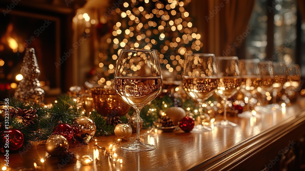 a row of elegant wine glasses lined up on a buffet table glistening in the soft light of a festive celebration a row of elegant wine glasses lined up on a buffet table glistening in the soft light of a festive celebration