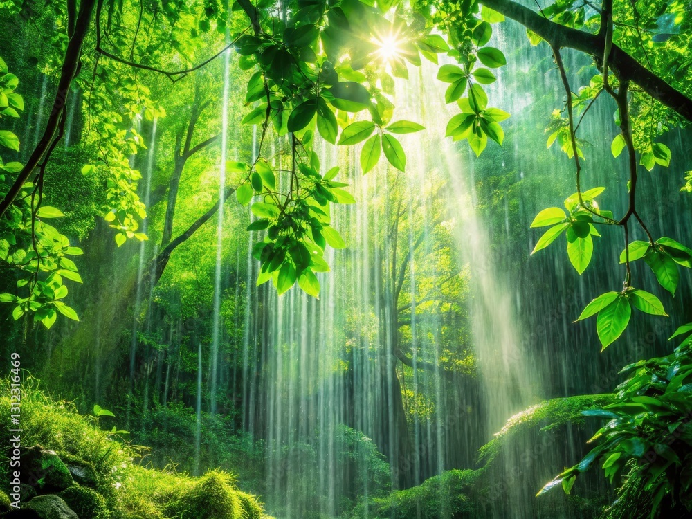 Obraz premium Lush Forest Rain Shower: Nature Photography, Refreshing Green Scenery, Emerald Canopy, Summer Rain, Forest Bath