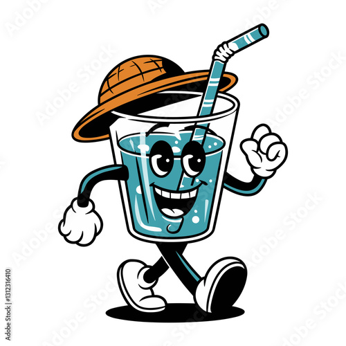 A cheerful cartoon glass of water with a straw, arms, legs, and a hat, walking happily. Retro-style illustration