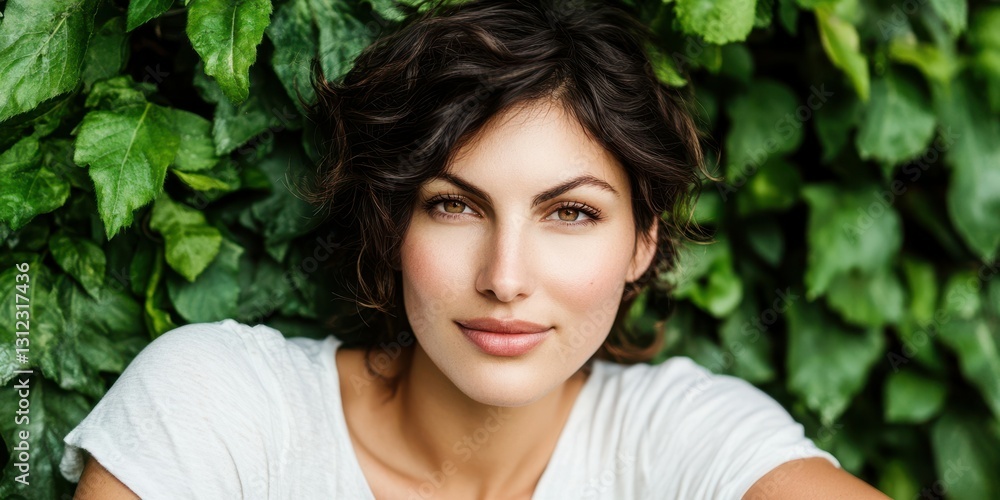 A woman with curly hair smiles gently while leaning against a wall covered with green leaves. The bright daylight highlights her features, creating a serene and inviting atmosphere A woman with curly hair smiles gently while leaning against a wall covered with green leaves. The bright daylight highlights her features, creating a serene and inviting atmosphere
