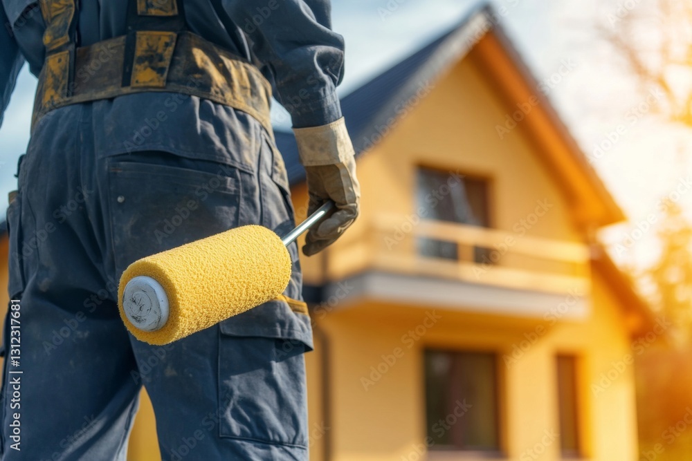 Construction worker holding paint roller in front of house. Exterior painting job underway. Pro worker in uniform. Home renovation in progress. Exterior remodel. Home improvement project. 32k image Construction worker holding paint roller in front of house. Exterior painting job underway. Pro worker in uniform. Home renovation in progress. Exterior remodel. Home improvement project. 32k image