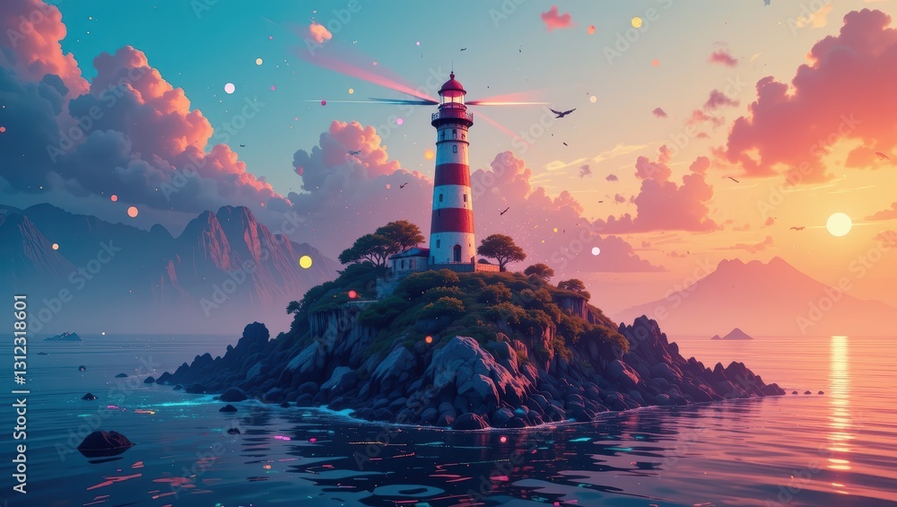 Fototapeta premium Lighthouse on a Rocky Island Surrounded by Calm Water and Vibrant Sunset Colors