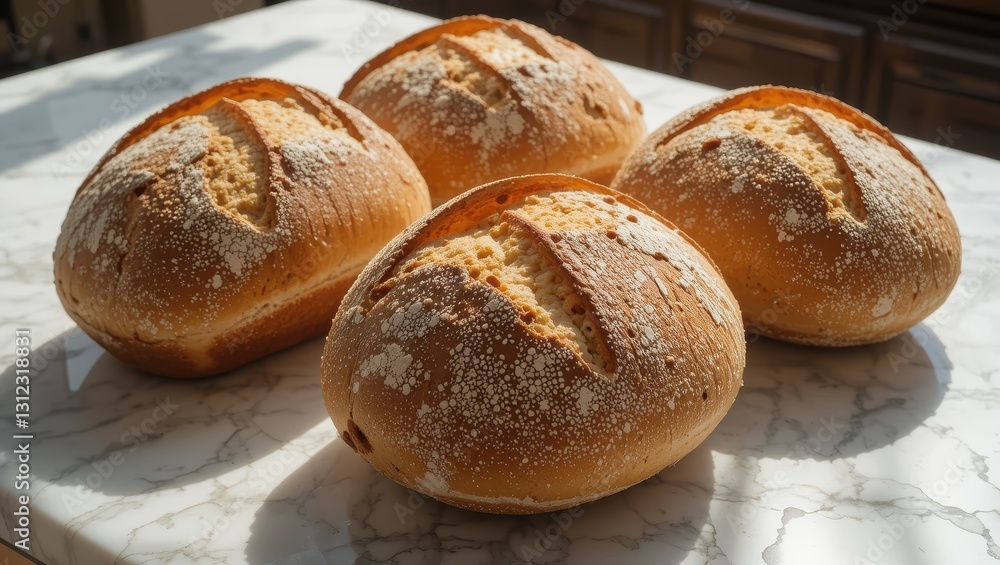 Four Freshly Baked Golden Bread Loaves with Crispy Crust on Marble Surface Under Soft Sunlight Four Freshly Baked Golden Bread Loaves with Crispy Crust on Marble Surface Under Soft Sunlight