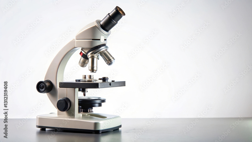 laboratory microscope with sleek design, featuring multiple objective lenses and sturdy base, placed on clean surface under bright lighting laboratory microscope with sleek design, featuring multiple objective lenses and sturdy base, placed on clean surface under bright lighting