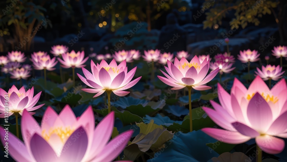 Illuminated Lotus Flowers Blooming at Night in a Tranquil Garden Pond Setting Illuminated Lotus Flowers Blooming at Night in a Tranquil Garden Pond Setting