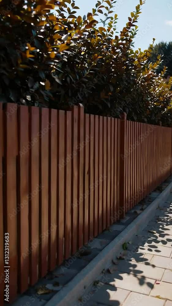 Sunlit wooden fence along leafy pathway with shifting shadows Sunlit wooden fence along leafy pathway with shifting shadows