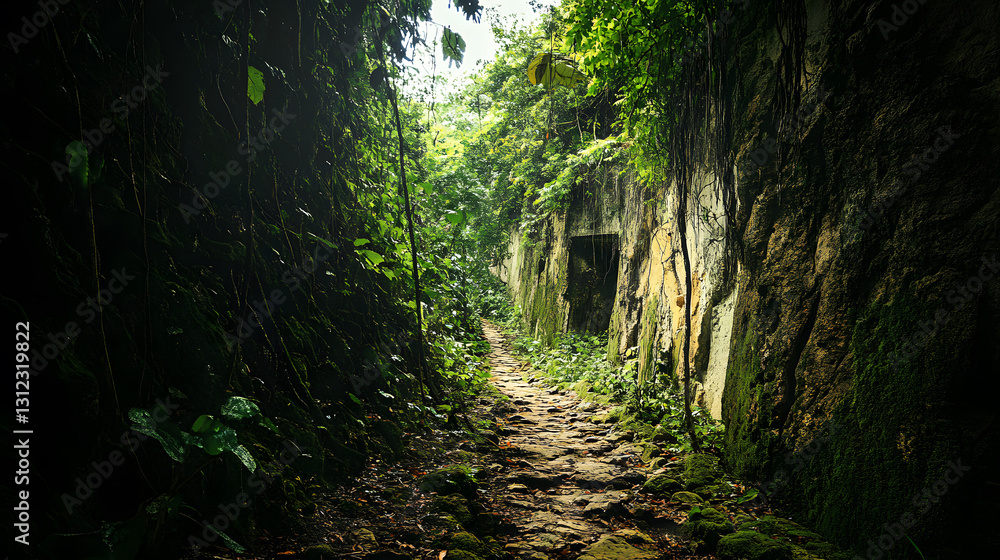 Fototapeta premium Mysterious Jungle Path Leading to Ancient Stone Ruins