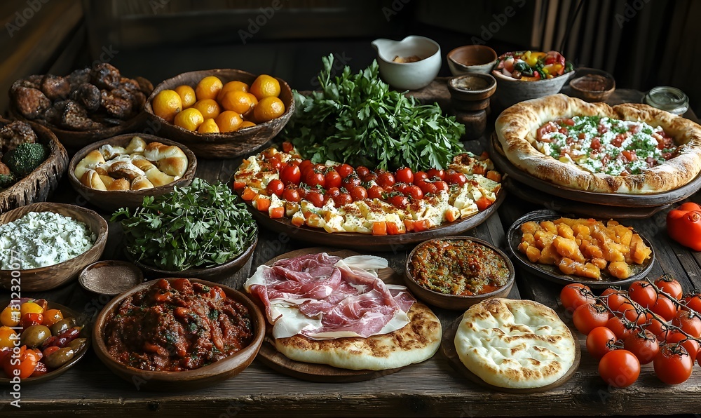 Rustic Feast: An Array of Mediterranean Delights on a Wooden Table Rustic Feast: An Array of Mediterranean Delights on a Wooden Table